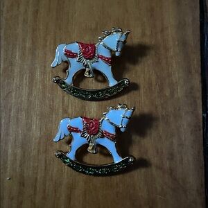 Beautiful Rocking Horse Brooch pin Set festive Christmas holiday white red gold